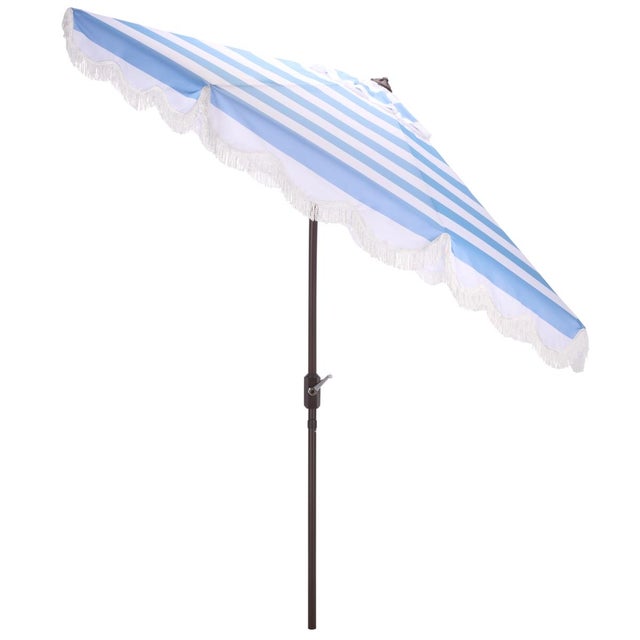Baby Blue Lucerna 9 Ft Crank Umbrella, Baby Blue Stripe/Brown Pole For Sale - Image 8 of 9