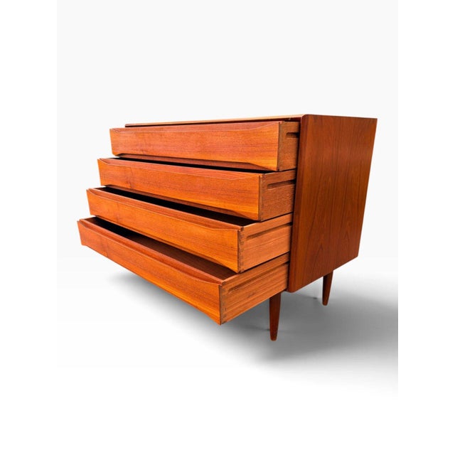 Wood Danish Teak Four-Drawer Dresser | Arne Vodder | Sculpted Pulls & Finished Back | C. 1960s, Attributed For Sale - Image 7 of 13