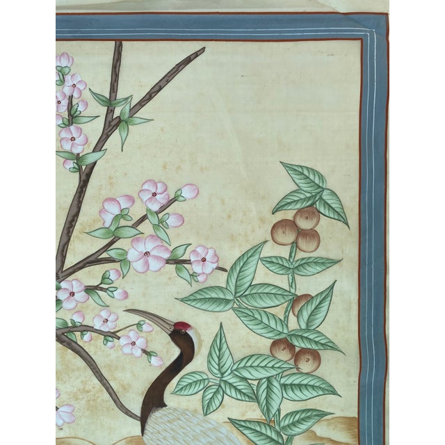 1990s Blossoms and Cranes in Harmony Gouache Painting on Old Silk"32x44 Inches " For Sale - Image 6 of 10