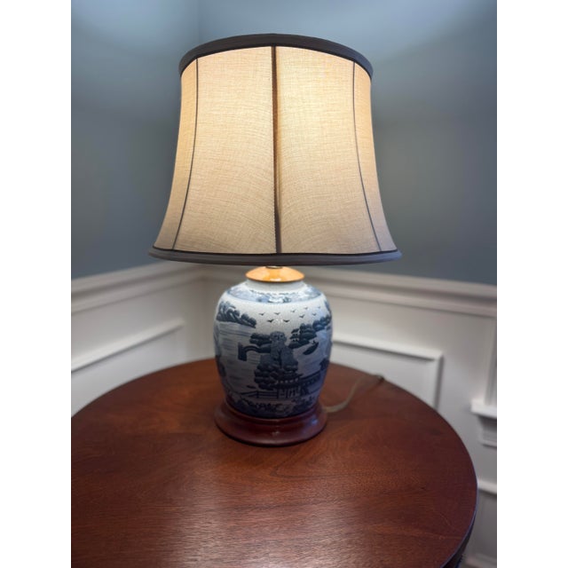 Vintage Blue & White Crackle Glaze Ginger Jar Table Lamp With Shade For Sale - Image 4 of 9