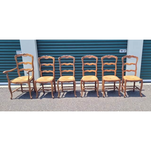 6 Country French Shell Carced Dining Chairs For Sale - Image 4 of 11