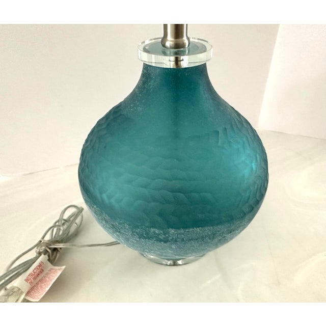 Aqua Blue Carved Art Glass Crystal Table Lamp For Sale In Detroit - Image 6 of 8