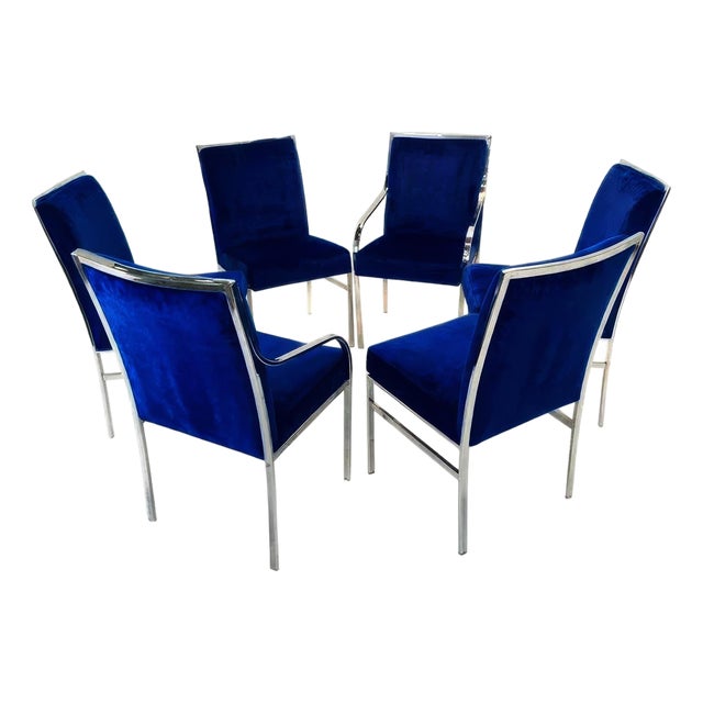 Full Set of 6 Chrome and Blue Velvet Dining Chairs by Pierre Cardin 1970s For Sale