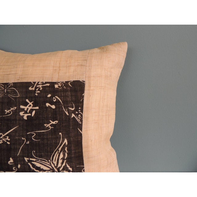 Raw Silk Square Decorative Asian Pillow Natural color woven textile with black hand-blocked pattern. Zipper closure...