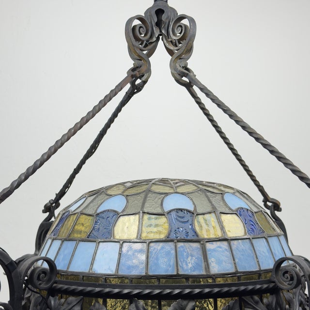 Blue Art Nouveau Revival Wrought Iron Chandelier with Floral Stained Glass, Italy, 1950s For Sale - Image 8 of 18