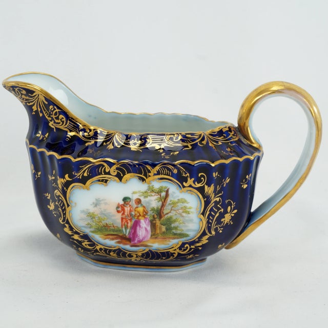 Antique German Richard Klemm Dresden Cobalt Blue Gold Courting Couple Creamer Sugar Set For Sale - Image 10 of 15