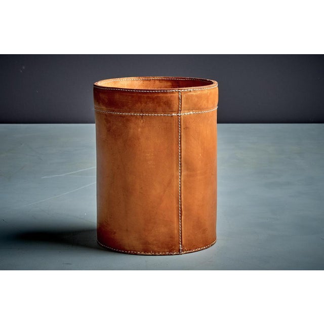 Paper Basket in Cognac Leather with White Stitching, Denmark, 1960s For Sale - Image 3 of 10