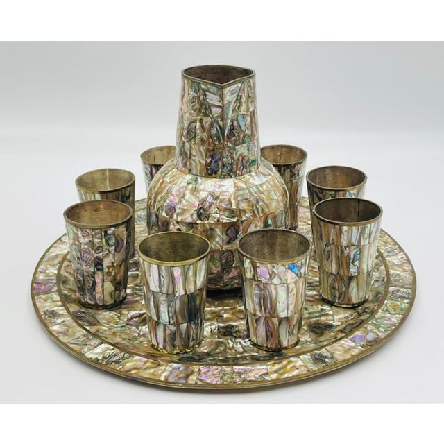 Emilia Castillo 1960s Mexican Brass and Abalone Shell Pitcher Set With Tray and Eight Cups - 10 pcs For Sale - Image 4 of 18