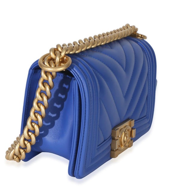 Traditional Blue Lambskin Chevron Quilted Small Boy Bag For Sale - Image 3 of 9