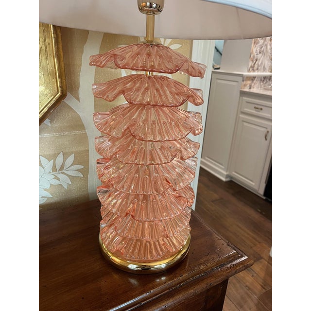 Pair of pink Murano glass and brass lamps with ruffled glass. Shades not included.