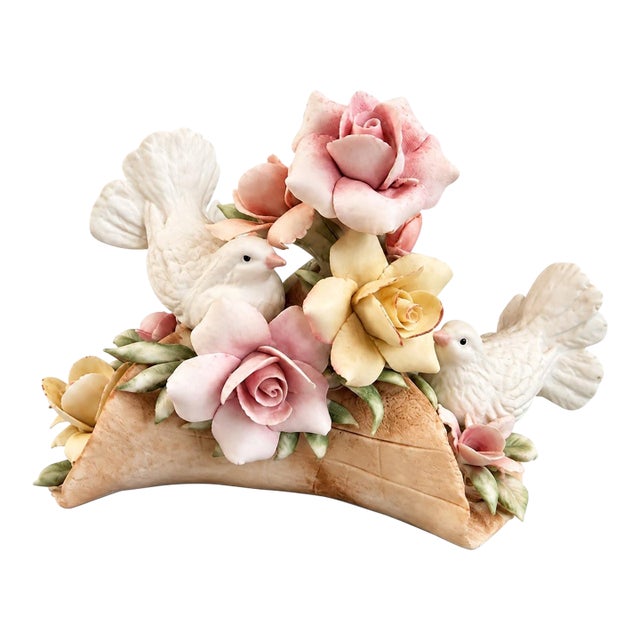 Vintage Capodimonte Porcelain Love Birds & Floral Arrangement | Made in Italy For Sale