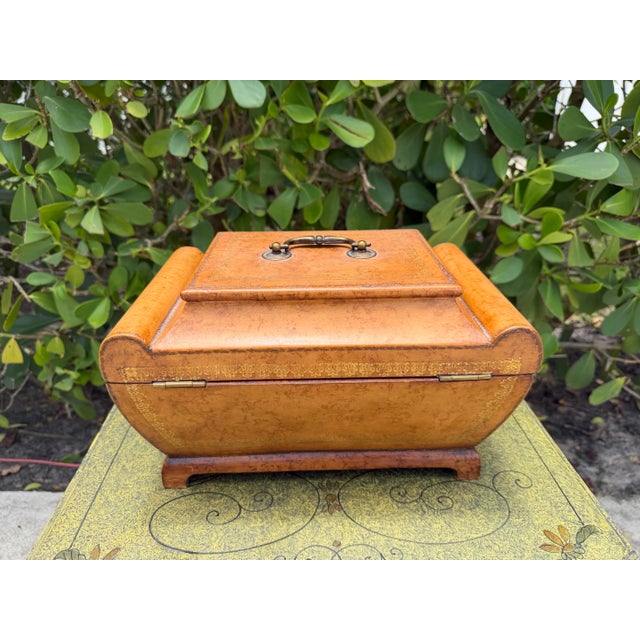 Vintage 13” Leather Decorative Box With Gilt Tooling For Sale - Image 9 of 12