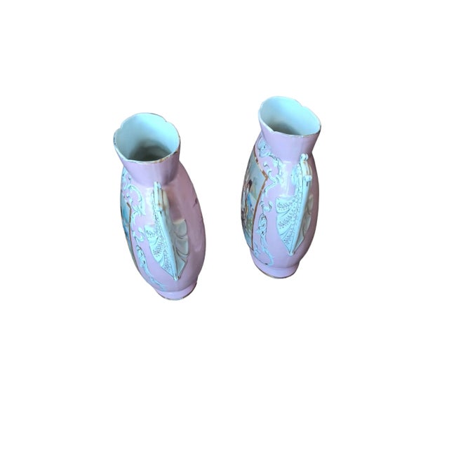 French Vinatge Pair of Porcelain French Wedding Scene Urn Vases- Set of 2 For Sale - Image 3 of 6