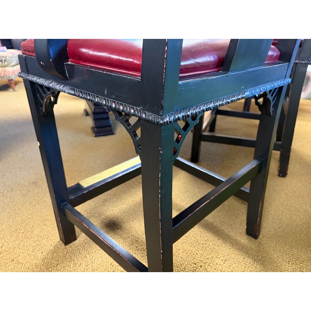 Ebony Vintage CTH Counter Height Wood Bar Stools With Red Leather Seats, Chippendale Styled For Sale - Image 8 of 10