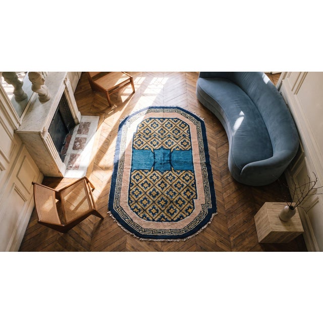 Textile 1940s Mustard Yellow Diamond Hand Knotted Antique Chinese Horse Cover Rug 2' 6" X 4' 6" Wool Carpet For Sale - Image 7 of 8