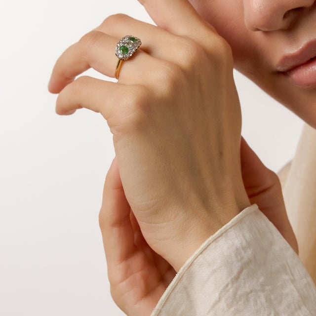 1910s 1910s Edwardian Diamond Demantoid Garnet 18k Yellow Gold Platinum Ring, Size 5.25 For Sale - Image 5 of 6