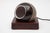 Modern 1970s brown and white glazed ceramic table lamp consisting of a square ceramic base on which the ceramic globe with...