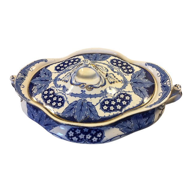 Late 19th Century Blue and White Transferware Lidded Vegetable Bowl in York Pattern by Keeling & Co For Sale