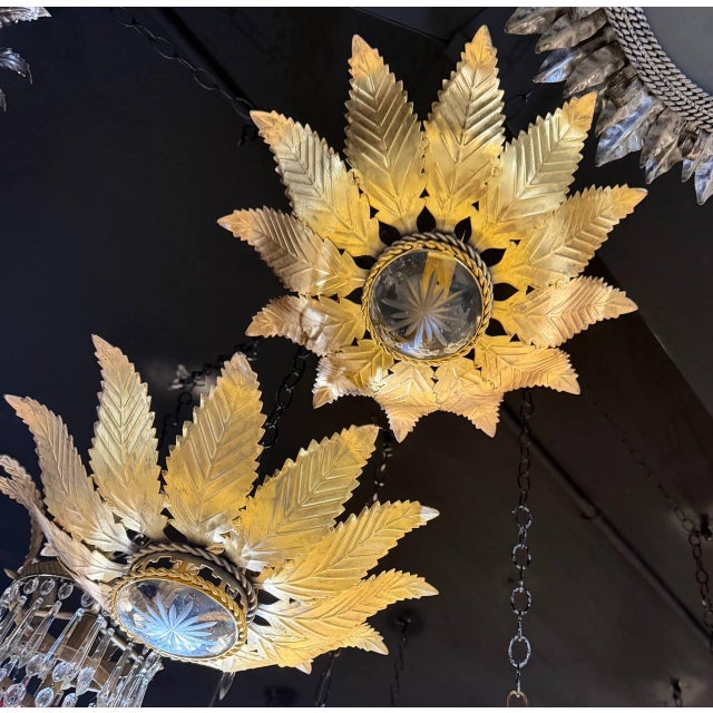 French 1940s French Gilt Metal Sunburst Flush Mount Light Fixture For Sale - Image 3 of 7