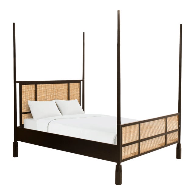 Stockholm Wood & Cane Queen Bed in Black For Sale