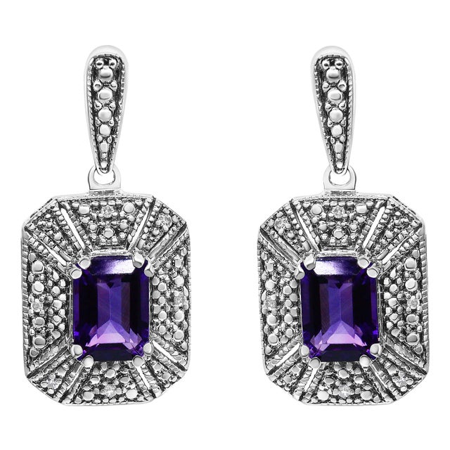 .925 Sterling Silver Diamond Accent and 7x5mm Purple Amethyst Stud Earrings For Sale