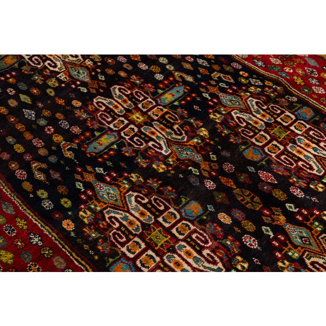 1950s Vintage Shiraz Wool Rug – Hand-Knotted Tribal Medallion Accent Rug in Deep Crimson & Midnight Navy For Sale - Image 5 of 9