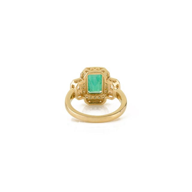 Metal Vintage Inspired 14k Gold 2.78Ct Emerald and Diamond Halo Cocktail Ring Size 6 For Sale - Image 7 of 11