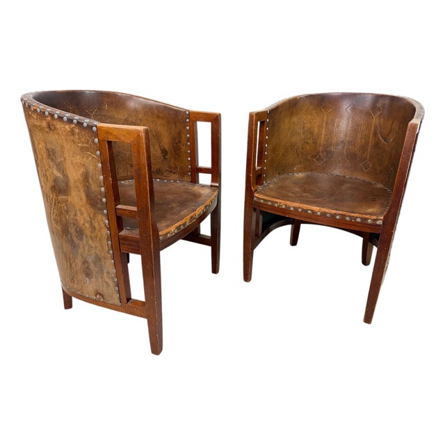 Viennese Secession Geometric Leather Tub Armchairs from Josef Hoffmann, 1905, Set of 2 For Sale