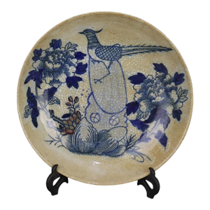Chinese Vintage Ceramic Plate,Blue and White Underglaze Red Porcelain Plate Hand Painted Flowers and Birds Pattern