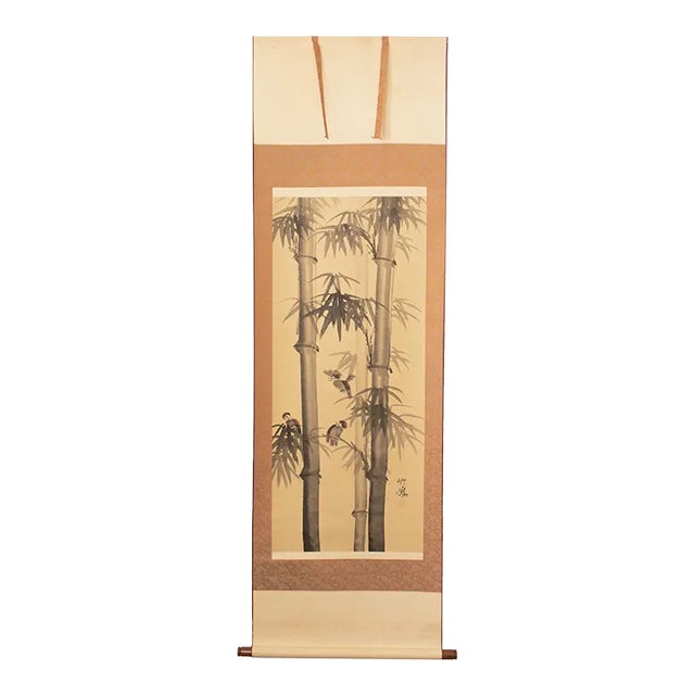 Showa Era Japanese Monochrome Watercolor Scroll Painting, "Bamboo Trees and Sparrows" For Sale