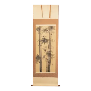 Showa Era Japanese Monochrome Watercolor Scroll Painting, "Bamboo Trees and Sparrows"