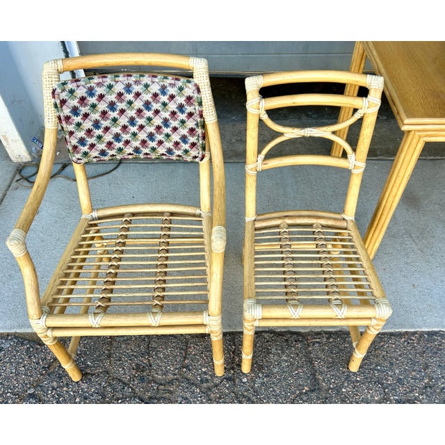 1970s McGuire Bamboo and Rattan Flip-Top Games Table With Extension Leaves and Four Dining Chairs For Sale - Image 11 of 12
