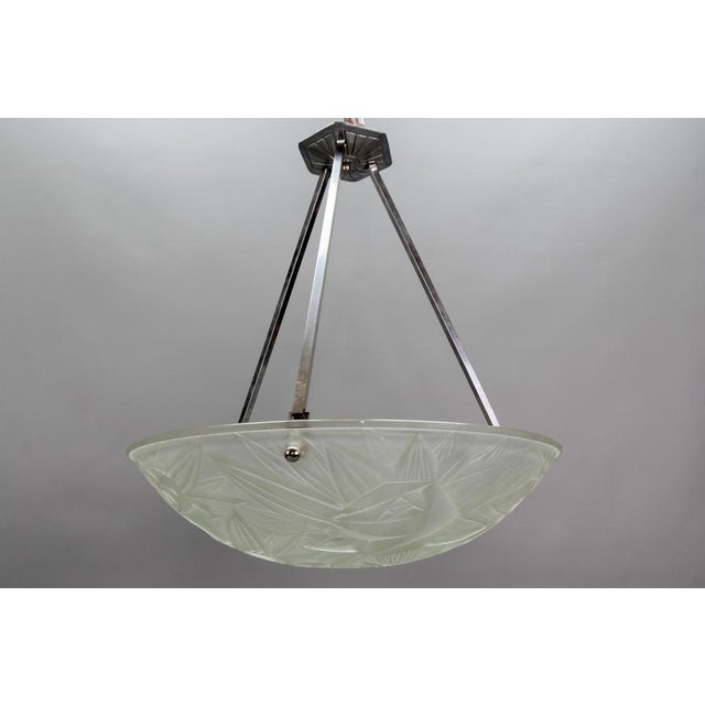 Gray Art Deco French Chromed Brass and Frosted Glass Pendant Light by Noverdy, 1930s For Sale - Image 8 of 18