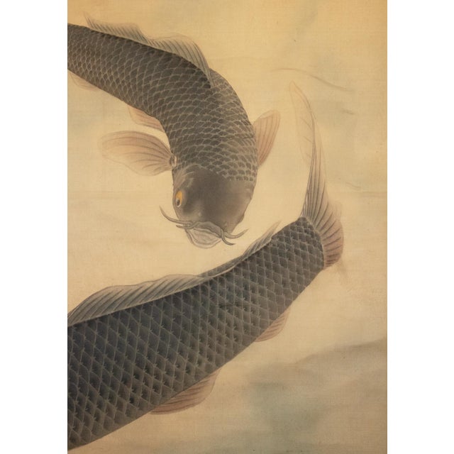 Wood 1900-1940s Large Japanese Silk Scroll Painting "Two Carps", Signed and Sealed For Sale - Image 7 of 15