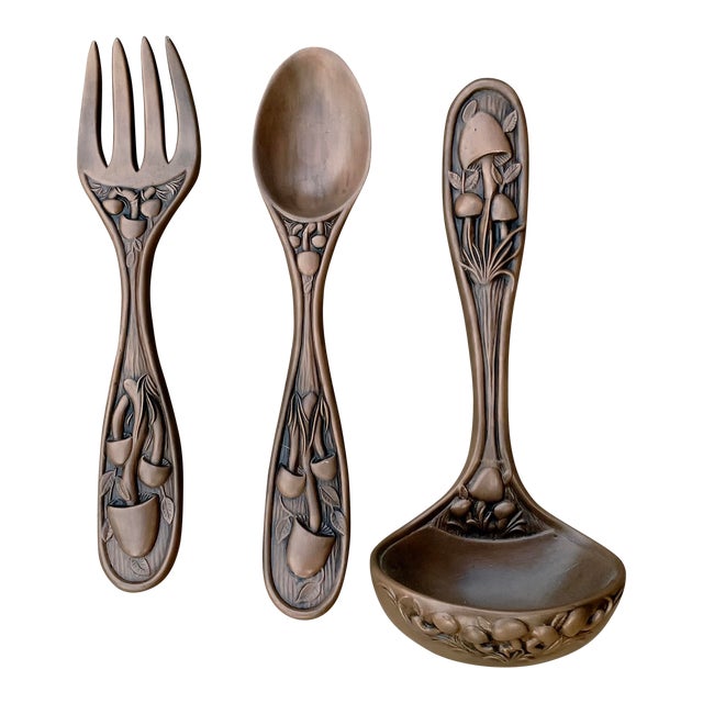 Vintage Arnels Brand Ceramic Wall Hanging Oversized Spoon, Fork & Ladle Decorated With Mushrooms - Set of 3 For Sale