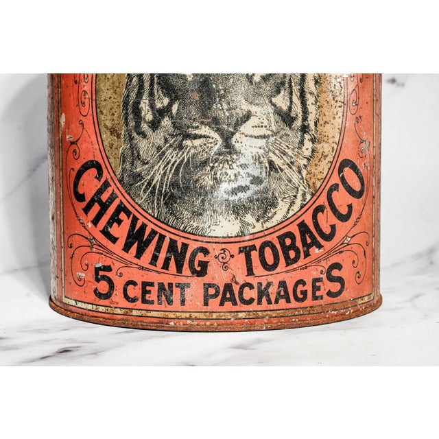 1910s Neat Large Antique Tiger Chewing Tobacco Tin Country Store Advertising Display Can Americana Tobacciana General Store Home Decor For Sale - Image 5 of 16