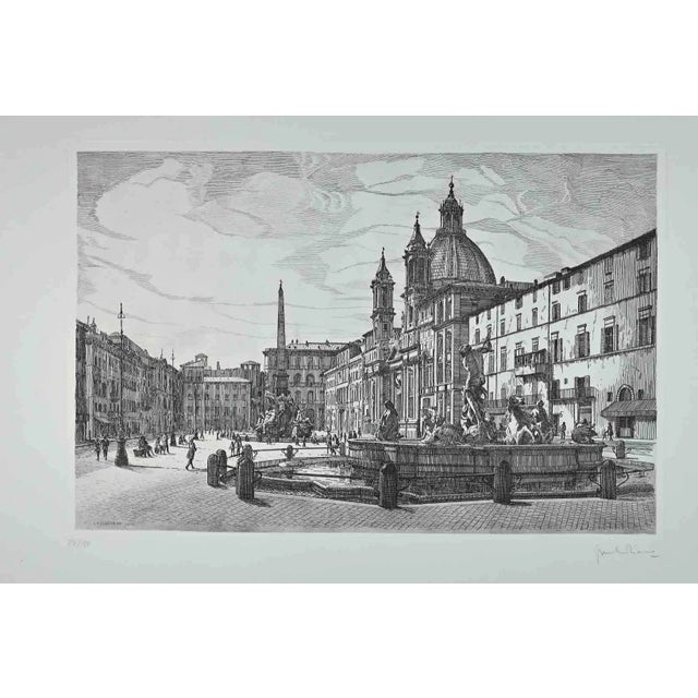 Giuseppe Malandrino, View of Piazza Navona, Original Etching, 1970s For Sale