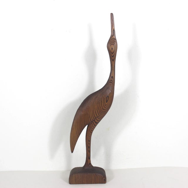 Mid-Century Modern 16” Mid Century Modern Wood Crane Vintage Carved Bird Figurine, Tall Handmade Wooden Sculpture MCM Heron Egret Witco Style For Sale - Image 3 of 12