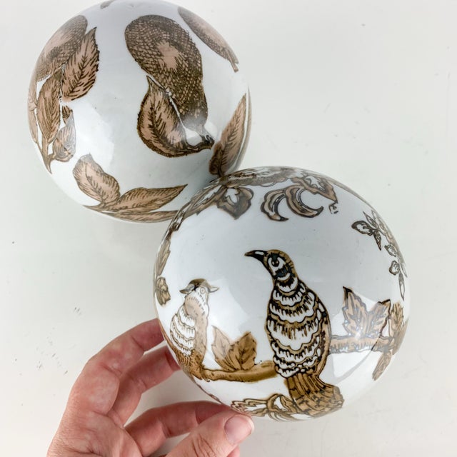 Chinoiserie Large Vintage Chinoiserie Porcelain Carpet Balls Brown White Floral Birds Fruit For Sale - Image 3 of 8