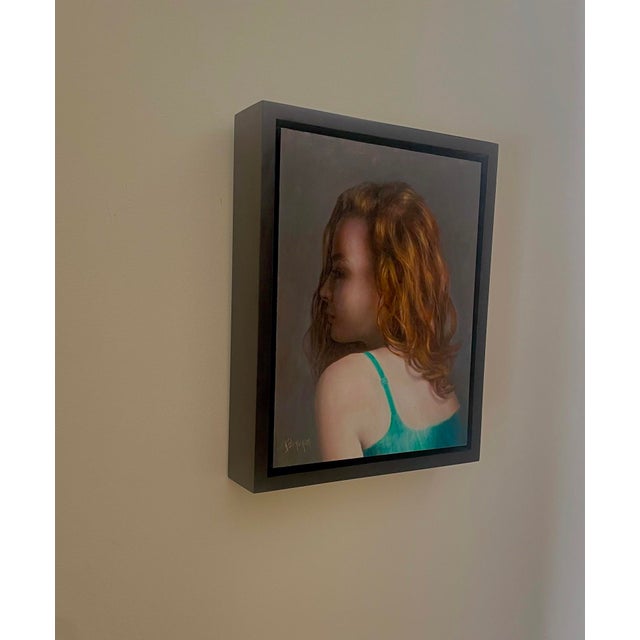 Portraiture Portrait in Green by Kelly Birkenruth | Oil on Panel Portrait of a woman with red hair in a green top. For Sale - Image 3 of 5