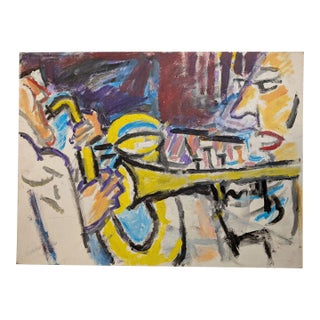 Vintage Mid-Century Jazz Musicians Saxophone Trumpet Expressionist Painting For Sale