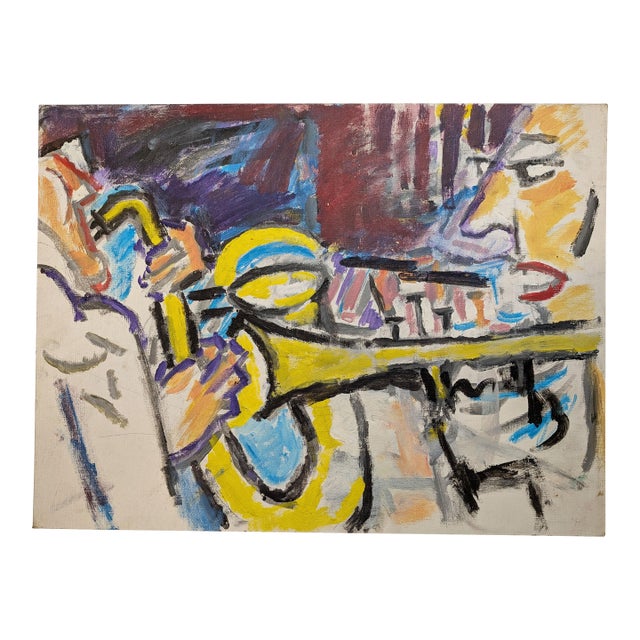 Vintage Mid-Century Jazz Musicians Saxophone Trumpet Expressionist Painting For Sale