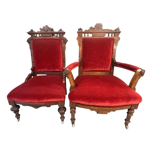 Pair of Mid 19th Century Antique Vintage Old Carved Eastlake Solid Wood Wooden Side Dining Accent Chair For Sale