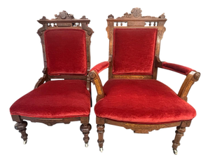 Pair of Mid 19th Century Antique Vintage Old Carved Eastlake Solid Wood Wooden Side Dining Accent Chair