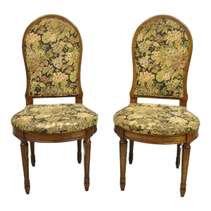 Mid 20th Century Vintage French Provincial Louis XVI Style Walnut Upholstered Side Chairs - Pair