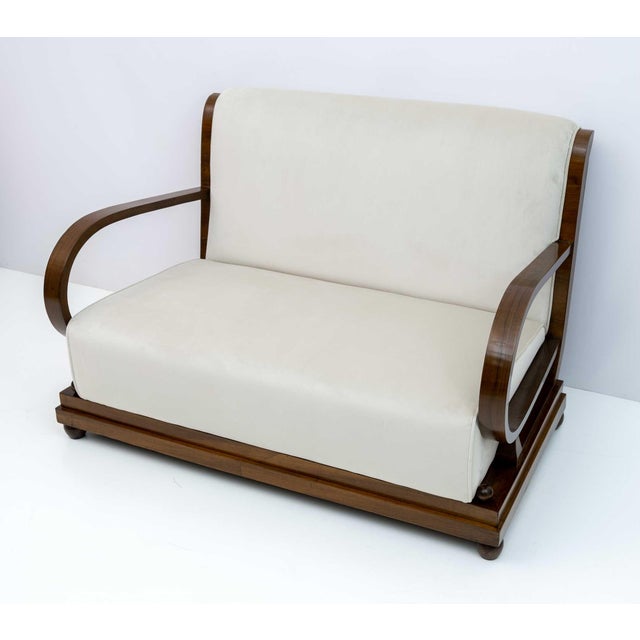 Art Deco Sofa, Armchairs & Poufs in Walnut and Velvet, Italy, 1920s, Set of 5 For Sale - Image 3 of 17