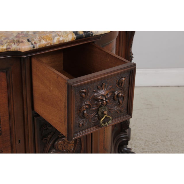 1930s Vintage Louis XV Style Carved Inlaid Commode Server W. Marble Top For Sale - Image 5 of 18
