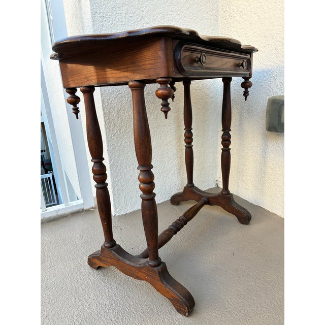 Brass Vintage Solid Wood Side Table With Drawer, Scalloped Top For Sale - Image 8 of 12