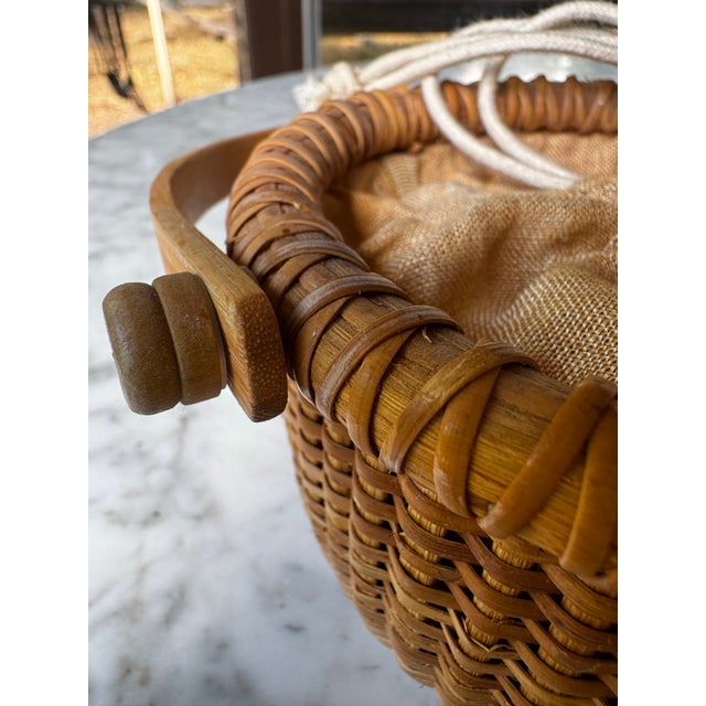 Vintage Nantucket Woven Sewing Basket With Moving Handle, Drawstring Liner & Matching Pin Cushion For Sale - Image 10 of 11