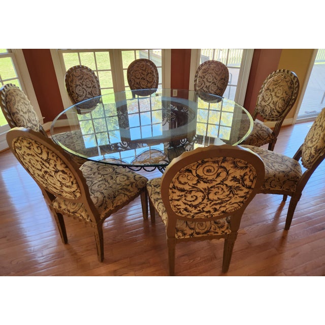 Transparent Custom Round Glass Dining Table With Eight Matching Chairs For Sale - Image 8 of 10